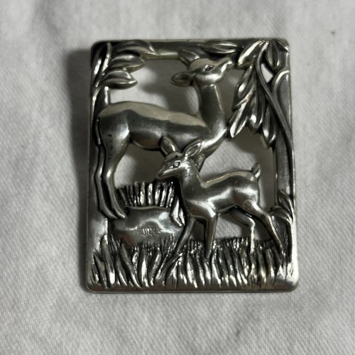 Vintage signierte Norseland Sterlingsilber Brosche Anstecknadel Hirsch Rehkitz im Wald - Bild 12 von 12