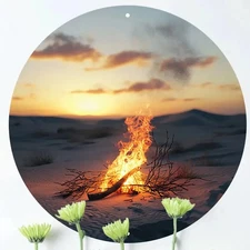 Bonfire Sunset Round Aluminum Sign Engraved Landscape Scene