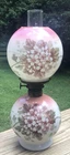 Antique Miniature Oil Lamp Floral Decorated Milk Glass 8 1/2’ Tall