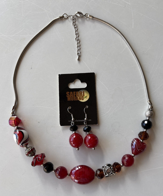 Safari Murano Glass Bead Earrings & Necklace. Mostly red & some black.