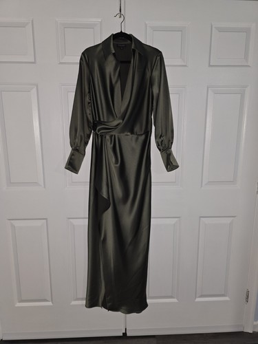 XSCAPE Satin Shirtdress Longsleeve Gown Long Dress Dark Olive Green Size 6 - Picture 11 of 17