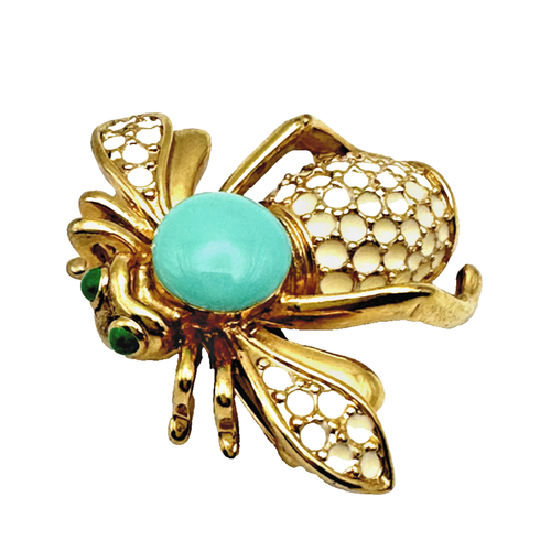 Vintage FLYING INSECT BROOCH Gold Tone Faux Turquoise Enamel - 1 1/2" x 1 3/4" - Picture 3 of 5