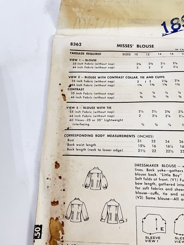 Advance Sewing Pattern 8362 Vintage 1950s Misses Blouses Size 12 1956 Rare - Picture 4 of 8