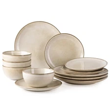 Ceramic Dinnerware Sets for 4, 12 Pieces Stoneware Plates and Bowls Sets, Rea...