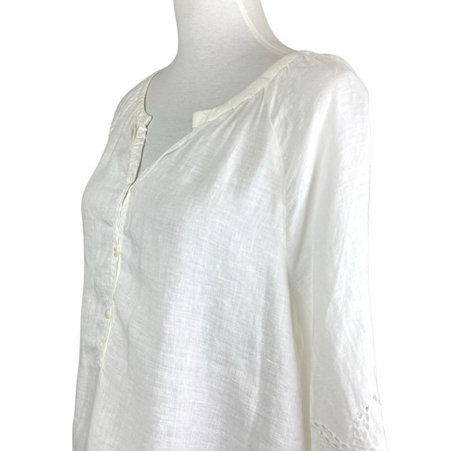 Chico’s Sz 2 Eyelet Sleeve 100% Linen White V-neck Popover Blouse Coastal Casual - Picture 5 of 13
