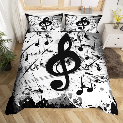 Music Notes Bedding Set Queen,Black White Comforter Cover for Boys Girls,Kids...