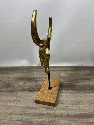 Solid Brass Bull Cow Skull Sculpture W/Stand Western Home Decor Gothic VGC! - Picture 4 of 8