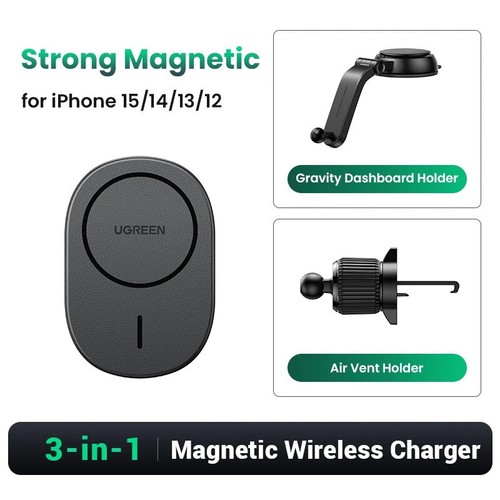 UGREEN 15W Magnetic Wireless Car Charger 3-in-1 Phone Holder For iPhone 16 15 14 - Picture 7 of 14