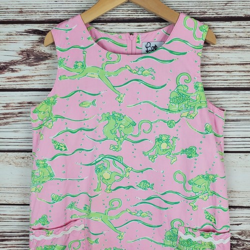 Lilly Pulitzer Girls Sz 12 Vintage "Scuba Monkey" Pink/Green Shirt Dress #86 - Picture 2 of 11