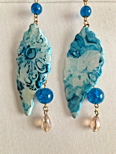 BLAU & WEISS BLUMENABDRUCK BLATTFORM OHRRINGE UND HALSKETTE SCHMUCKSET - Bild 12 von 18