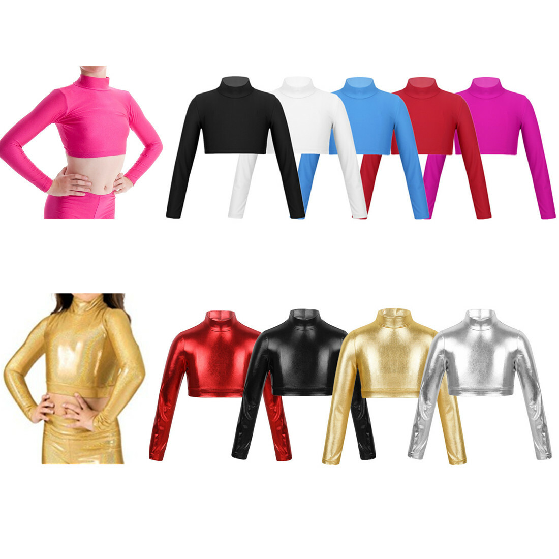 Girls Stretch Long Sleeve Crop Top Dance Gymnastics Turtleneck Blouse Shirt  Tops