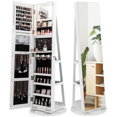 Rotating Full Mirror Lockable Jewelry Cabinet Storage Armoire W/ Color LED Modes