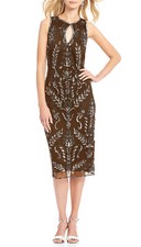 Pisarro Nights Beaded Tea Length Sheath Dress Petite Sz 12P Brown