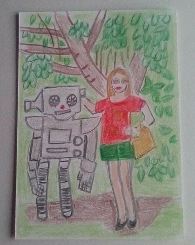 Mädchen & Roboter bei Happy Acres U-Pick, Edmonton - ACEO Kunstkarte original signiert - Bild 2 von 3