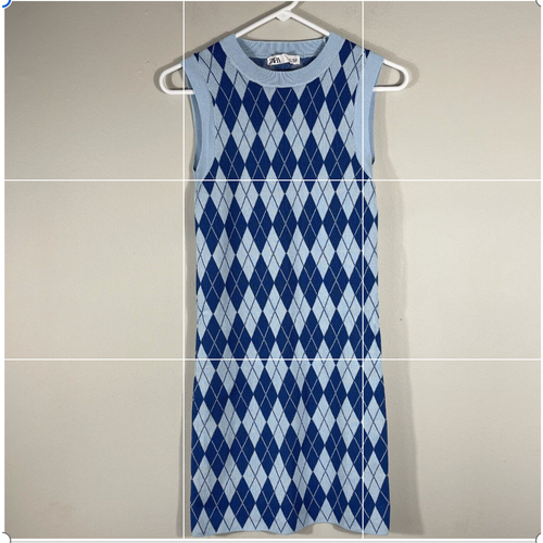 ZARA Women's Blue Argyle/Diamond Pattern Sleeveless Knit Dress Size