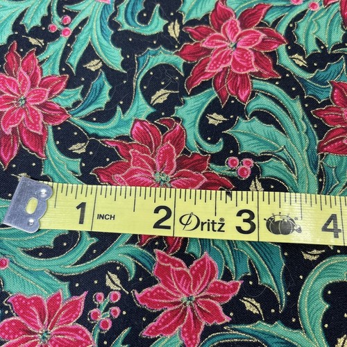 Holiday Radiance for RJR Fashion Fabrics Poinsettias Leaf Black Red Green Gold - Picture 3 of 4