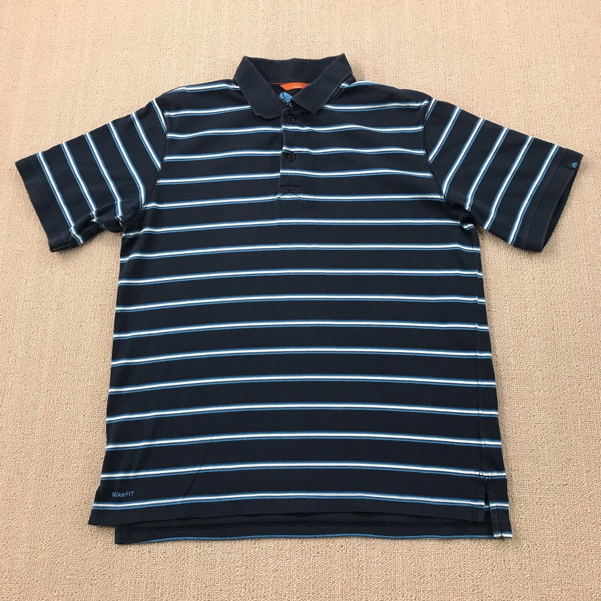 Vintage Nike ACG Polo Shirt Men s Medium Blue Striped Short Sleeve Swoosh
