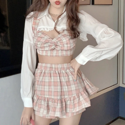 Koreanisches kariertes Rüschen Outfit Bluse Top Rock Schulmädchen hohe Taille 3-teiliges Set - Bild 1 von 14