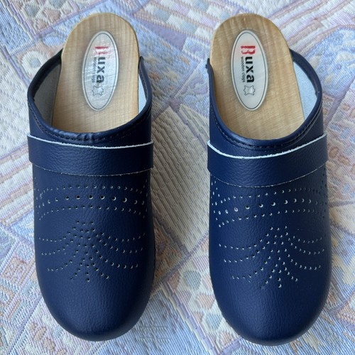 Buxa Swedish Wooden Clogs Uk Size 7. EU 40 Blue Leather Perforated Sip-ons - Picture 3 of 15