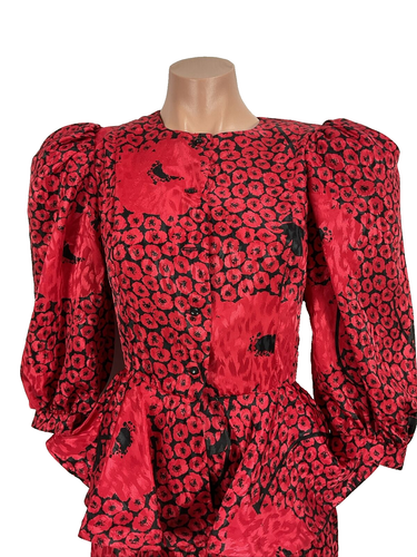 Leslie Lucks Tea Dress Vintage 80s Puff Sleeve Floral Midi Cottagecore Peplum - Picture 3 of 10