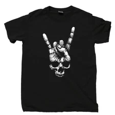 Skull Hand Sign Of The Horns T Shirt Heavy Metal Rock N Roll Band Tattoo Tee