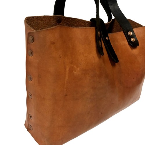 Vtg 70's Hand Made Brown Leather Bag HIPPIE BoHo TOTE Black Strap Shoulder Purse - Picture 7 of 17