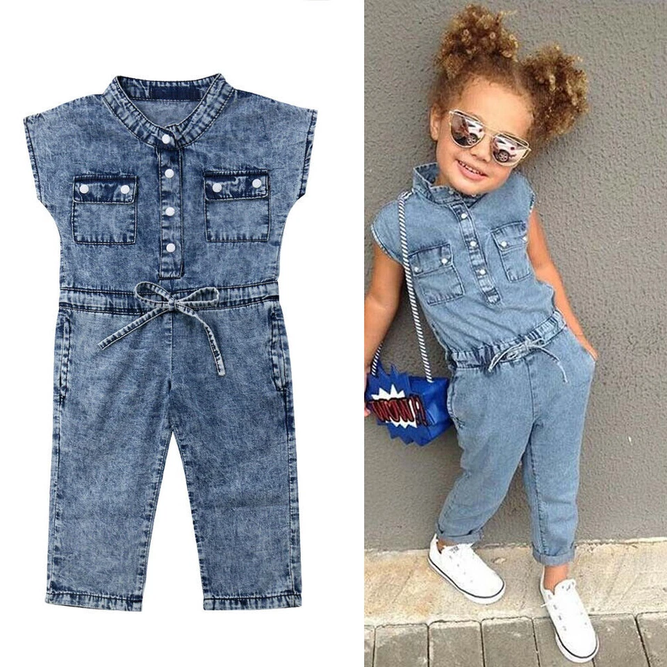 Summer Toddler Baby Girls Denim Kids Romper Bodysuit Jumpsuit Outfits Clothes - Image 2 of 4