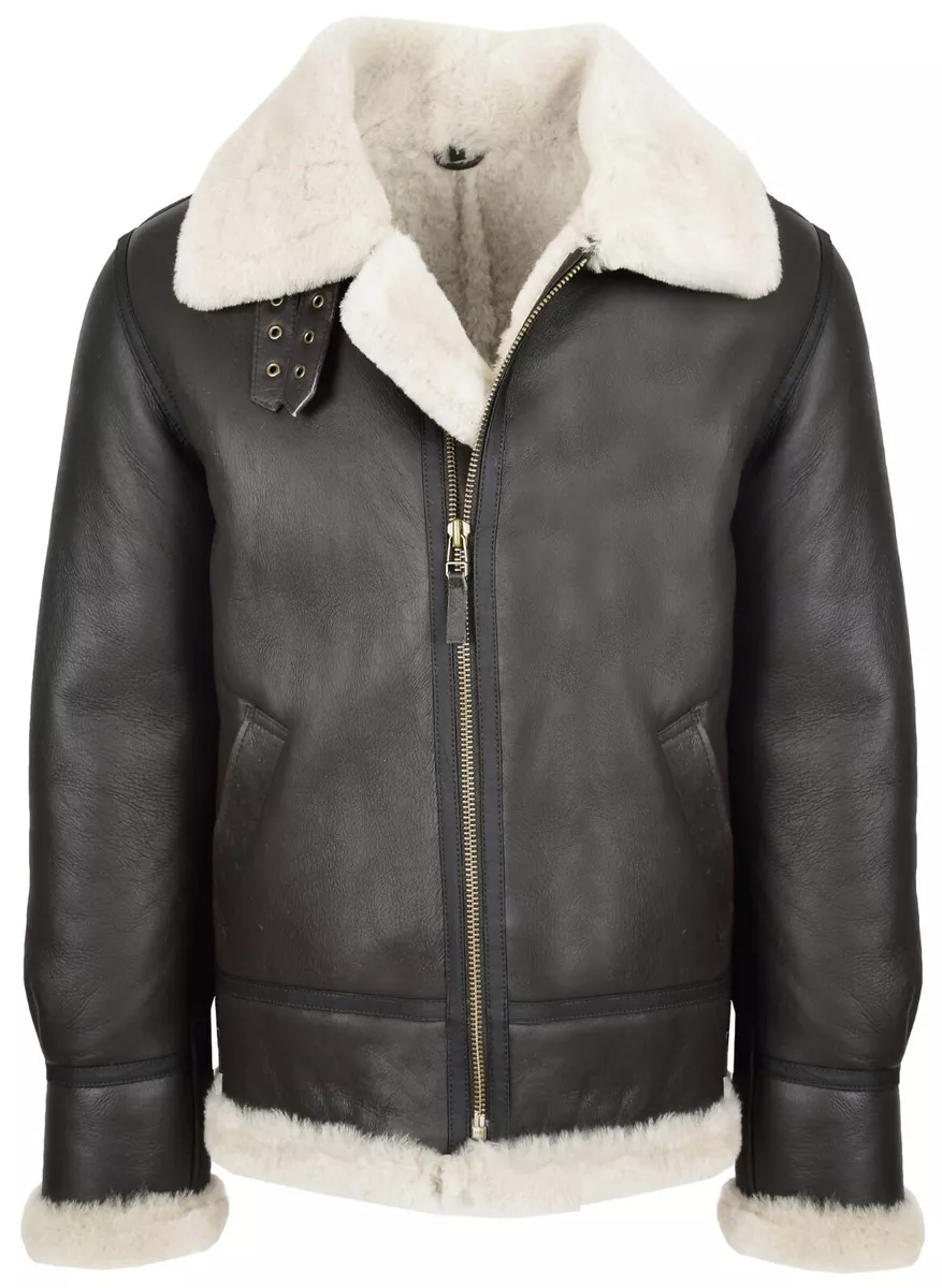 Mens Classic B3 Original Sheepskin Jacket Shearling Flying Style Brown White