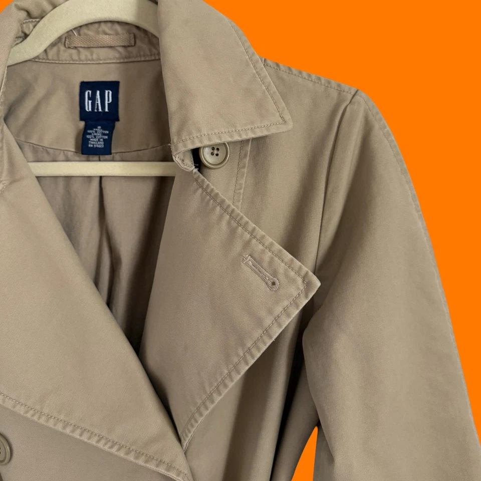 00s Vintage Caqui 100% Algodón Doble Botonadura Trench Y2k Abrigo Chaqueta PEQUEÑO hueco Foto 3 de 4