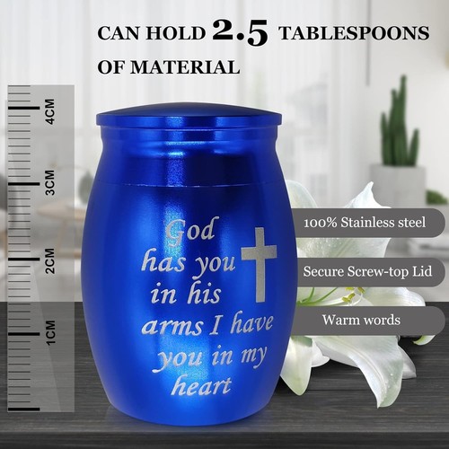 Small Urn, Mini Keepsake Urn for Human Ashes with Heart Necklace & Blue Light Fl - Picture 3 of 7