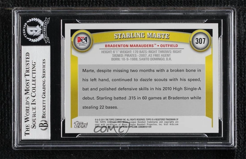 BAS 2011 Topps Pro Debut Starling Marte #307 BGS Authentic Auto - Image 2 of 2