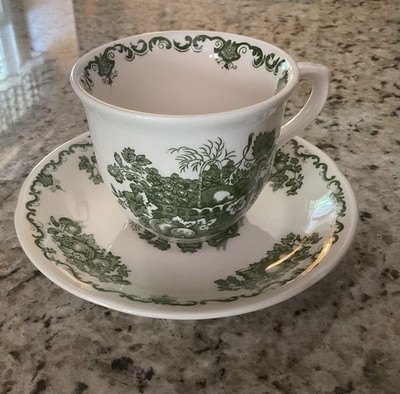 Vintage Mason s  Fruit Basket  Green Transferware Cup & Saucer Made In England