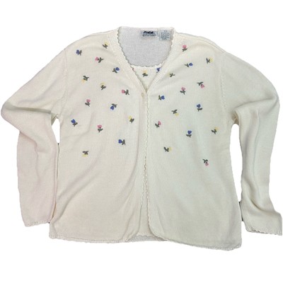 Vintage Northern Reflections Cardigan Sweater White Large Floral Embroidery 90s