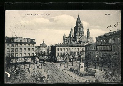 Mainz, Gutenbergplatz with Cathedral and Tram, Postcard 1912 