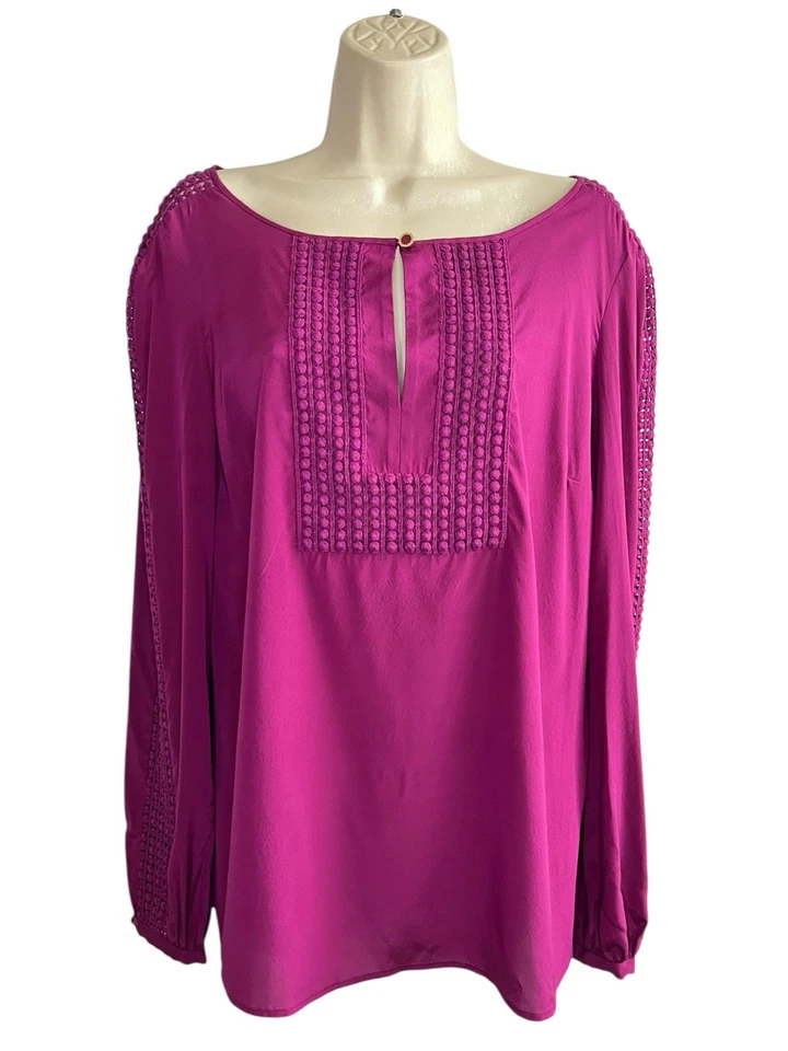 Blusa túnica Tory Burch púrpura roja seda manga larga crochet talla 10 Foto 2 de 4