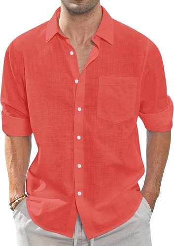 Linen Button Down Shirt for Men - Summer Casual Long Sleeve with Chest Pocket - Picture 9 of 50