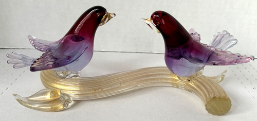 Murano Art Glass Arte Vetraria Muranese AVEM 2 Birds on Branch Gold Flecks MCM - Picture 3 of 10
