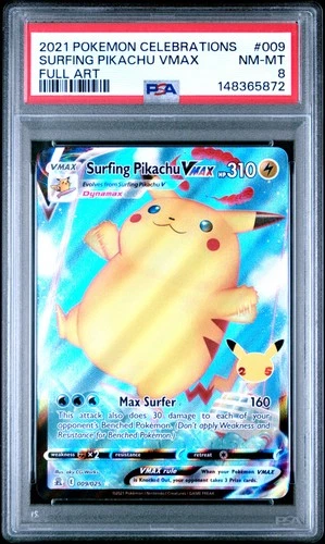 2021 POKEMON CELEBRATIONS #009 FULL ART/SURFING PIKACHU VMAX PSA 8