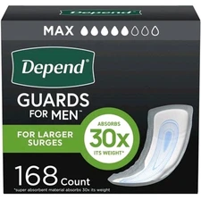 Depend Incontinence Guards/Bladder Control Pads for Men, Maximum Absorbency, 168