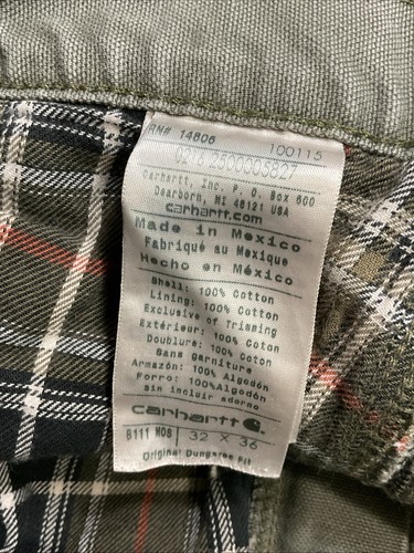 Vtg Carhartt Flannel Lined Carpenter Pants Mens 32x36 MOS Green Canvas Thrashed - Picture 5 of 6