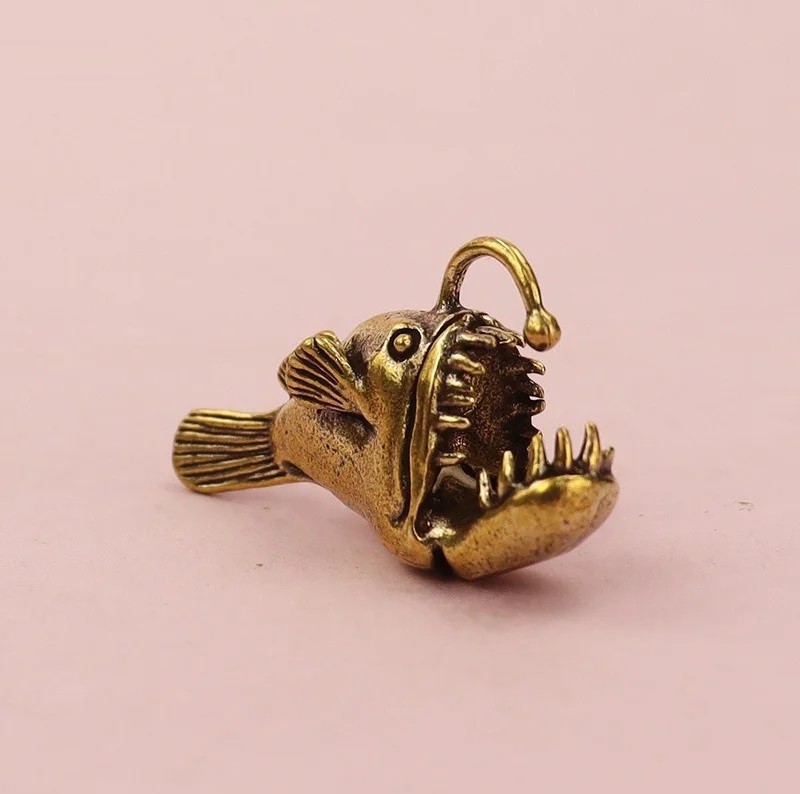 Brass Anglerfish Fish Animal Statue Small Sculpture Tabletop Figurine Decor Gift