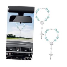 Rosary Cross Car Rearview Mirror Charm, 2PCS Hanging Vehicle Rear View Blue