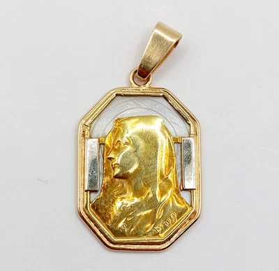 Medalla religiosa art deco oro rosa 18k nácar y Virgen María (c 1910) E Dropsy - Imagen 1 de 4
