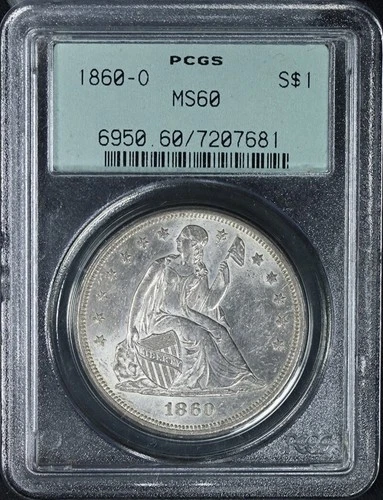 1860-O Seated Liberty Dollar $1 OGH PCGS MS60 Flashy Bright Luster
