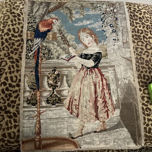 Antique Needlepoint Girl With Bird Parrot