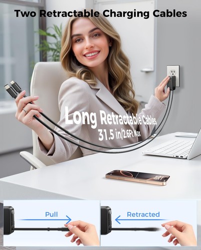 62W Retractable Wall Charger with Dual Cables, 3-Port USB Charger Block, 35W ... - 第 2/7 張圖片