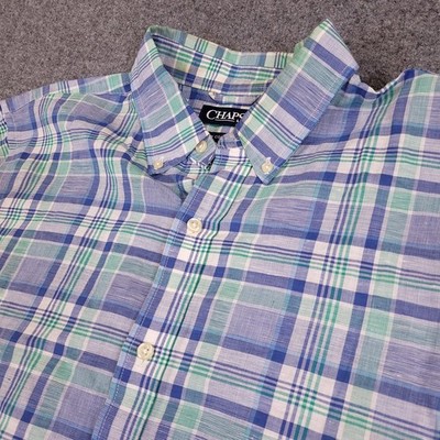 CHAPS Casual Button-Down Shirt Mens Plaid XL Linen Cotton Short Sleeve