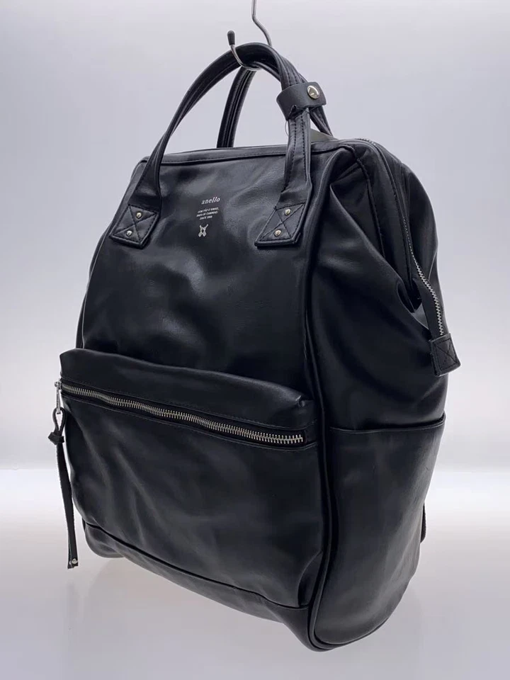 Mochila anello de cuero negra lisa Foto 2 de 4