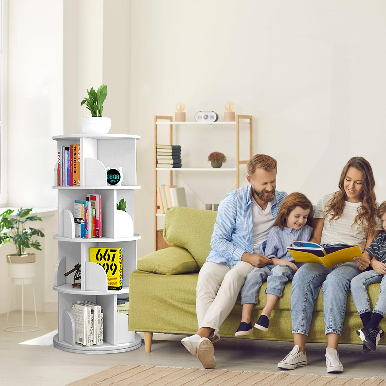 360° Rotating 4-Tier Stackable PVC Bookshelf Organizer