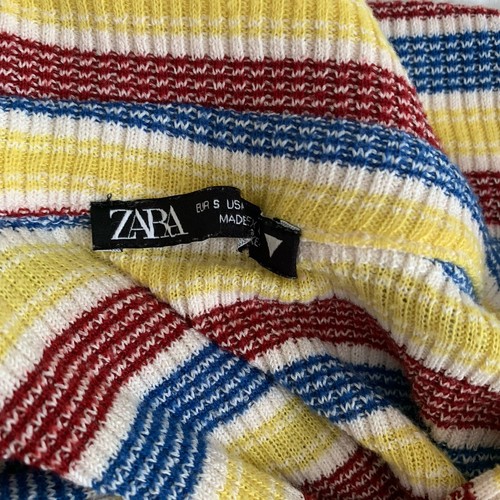 Zara Ribbed Knit Retro Stripe Cropped Polo Shirt S Blue Yellow Maroon - Picture 9 of 9